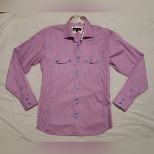 Bertigo Men's Pink Purple Stripe Long Sleeve Floral Contrast Cuff Shirt Size 3